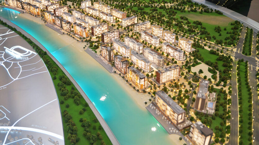 Location map of Azizi Riviera in Meydan highlighting road access, proximity to Downtown Dubai, and community connectivity.